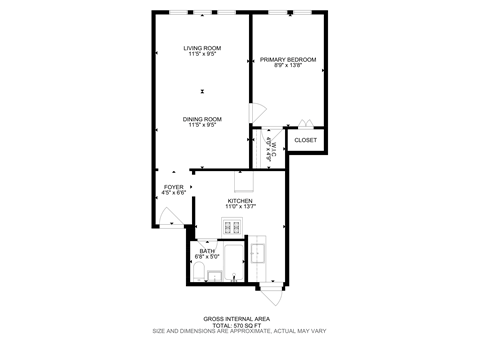 A floor plan of a small apartment with a living room, dining room, kitchen, bathroom, and closet.